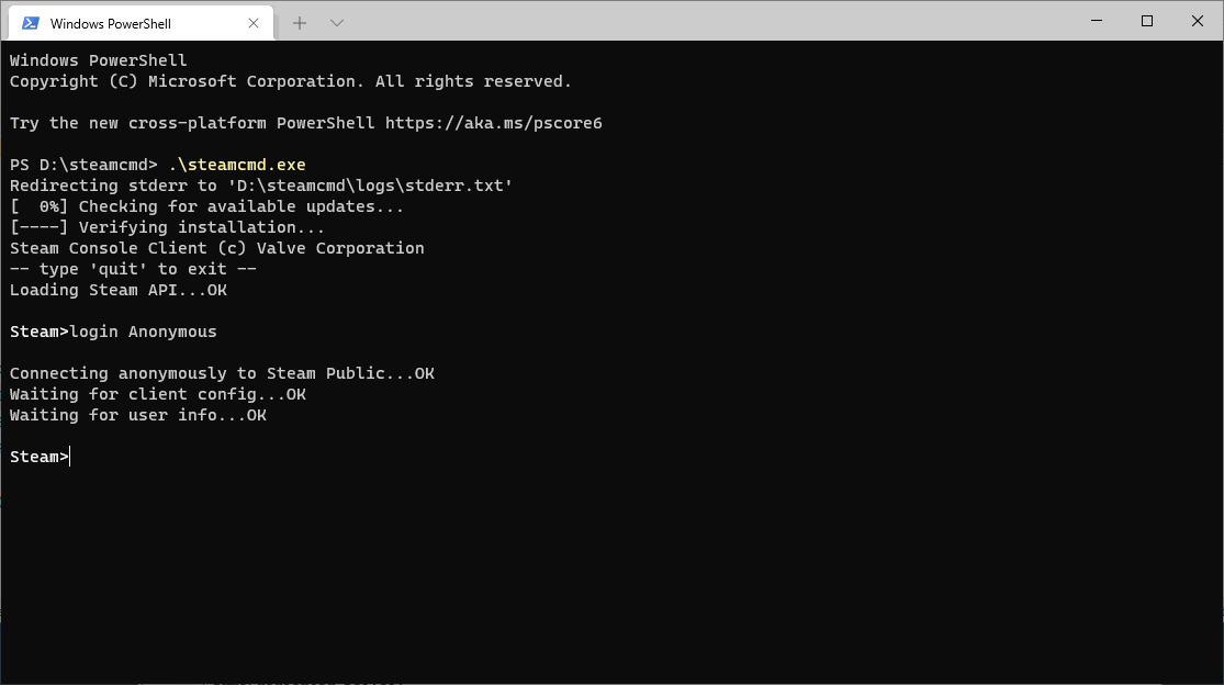 Screenshot of SteamCMD